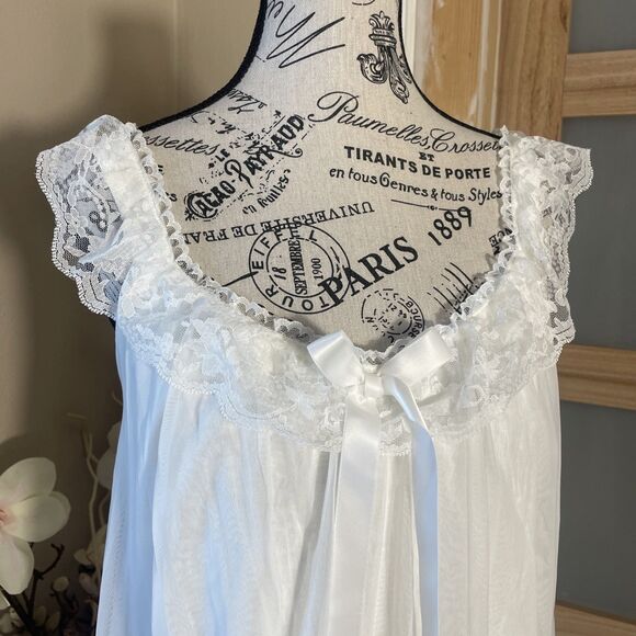White Sheer Chiffon Lace Trim Nightgown Romantic Bridal Lingerie Slip Dress M - Picture 2 of 9